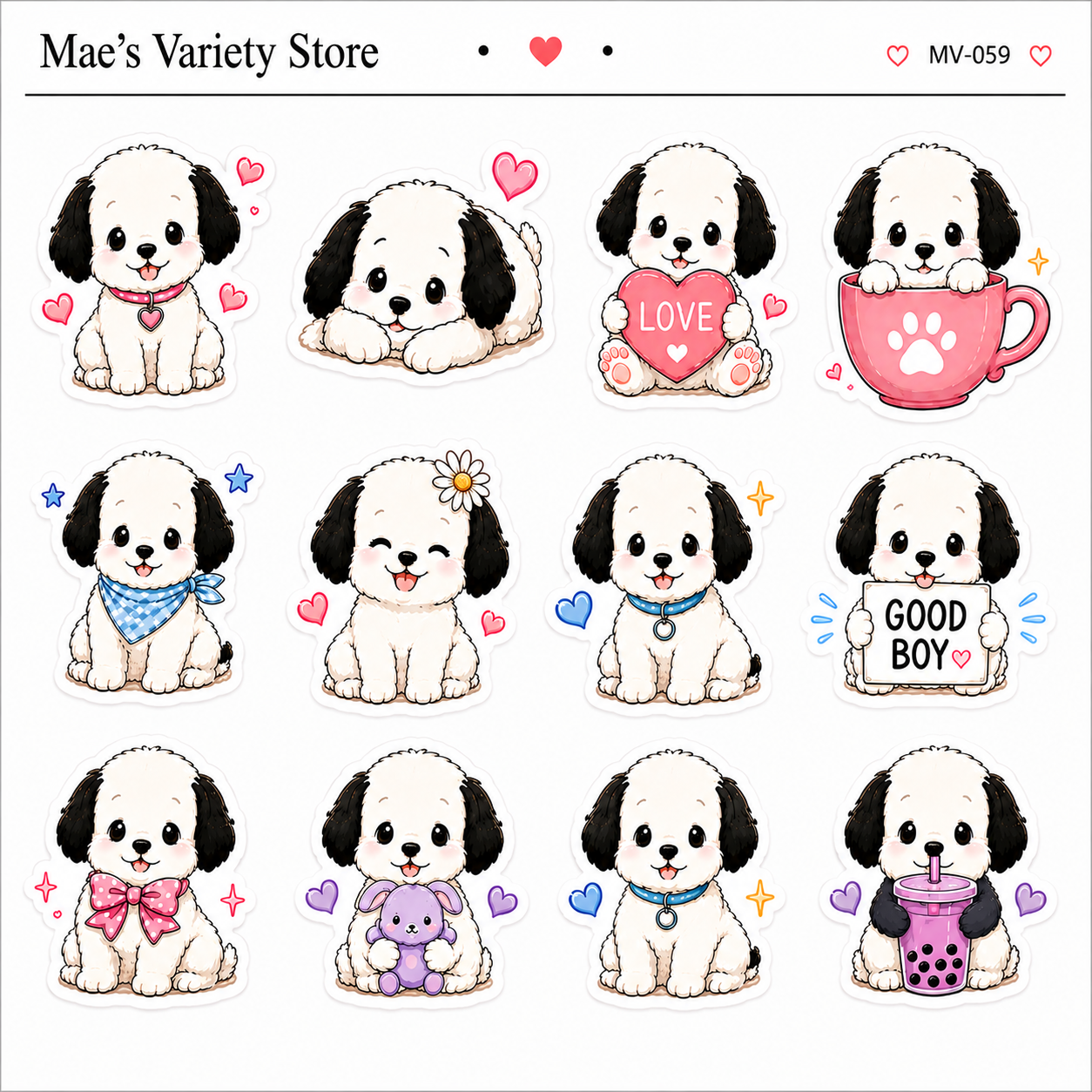 Black and White Puppy Stickers